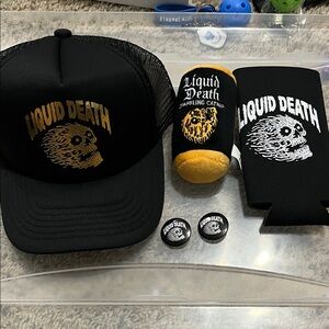 NWOT Liquid Death Black and Gold Hat and Accessories Set